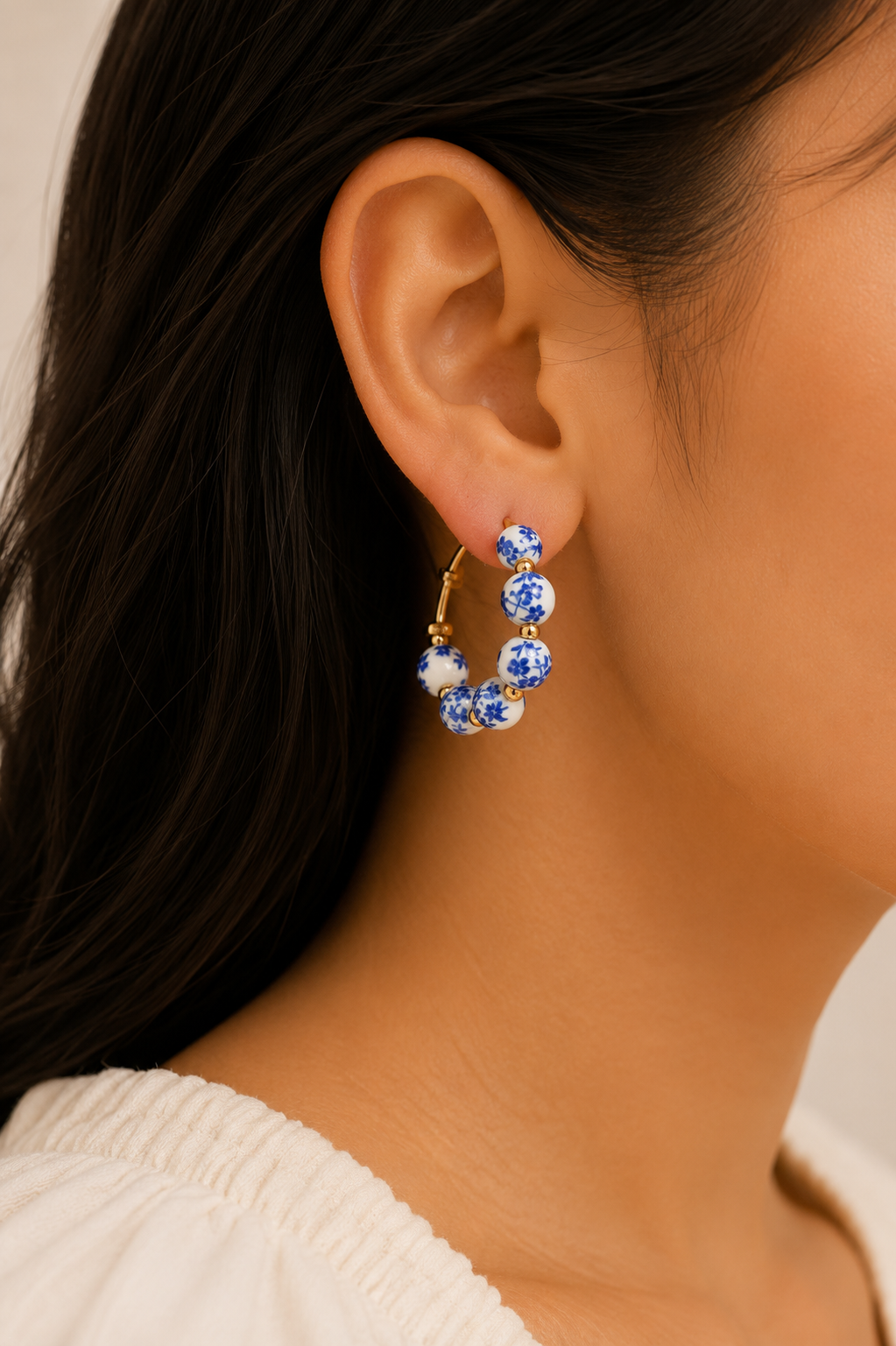 Blue Porcelain Hoop Gold Earrings by Josslyn