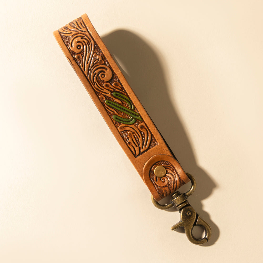 Myra Canyon Pass Handtooled Leather Key Fob in Butterscotch Oak