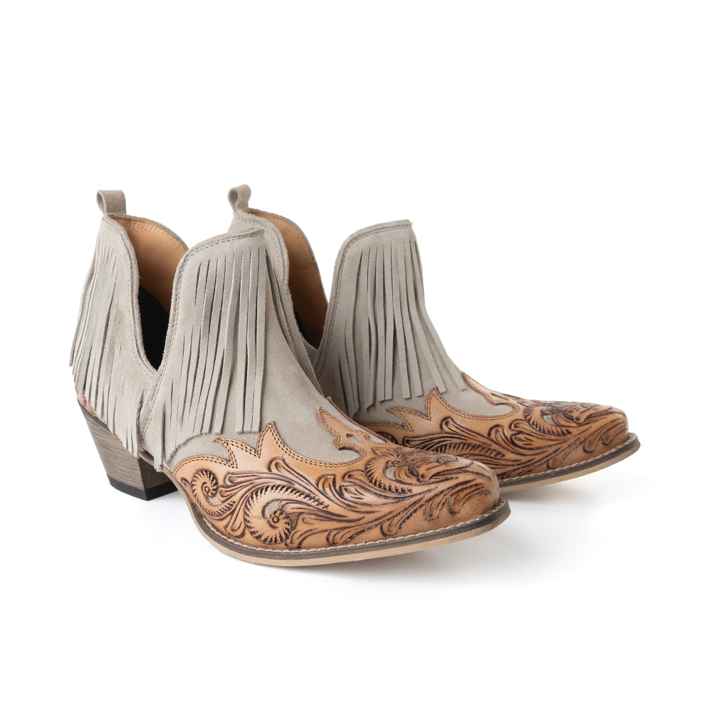 Myra Cimarron Belle Fringed Handtooled Leather Booties in Wild Tan