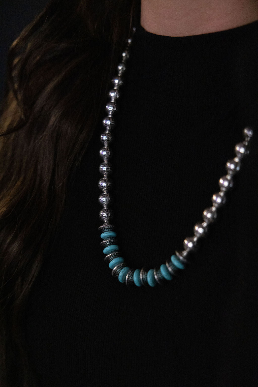 Western Faux Stamped Sterling Pearls, Saucers and Turquoise – 24"