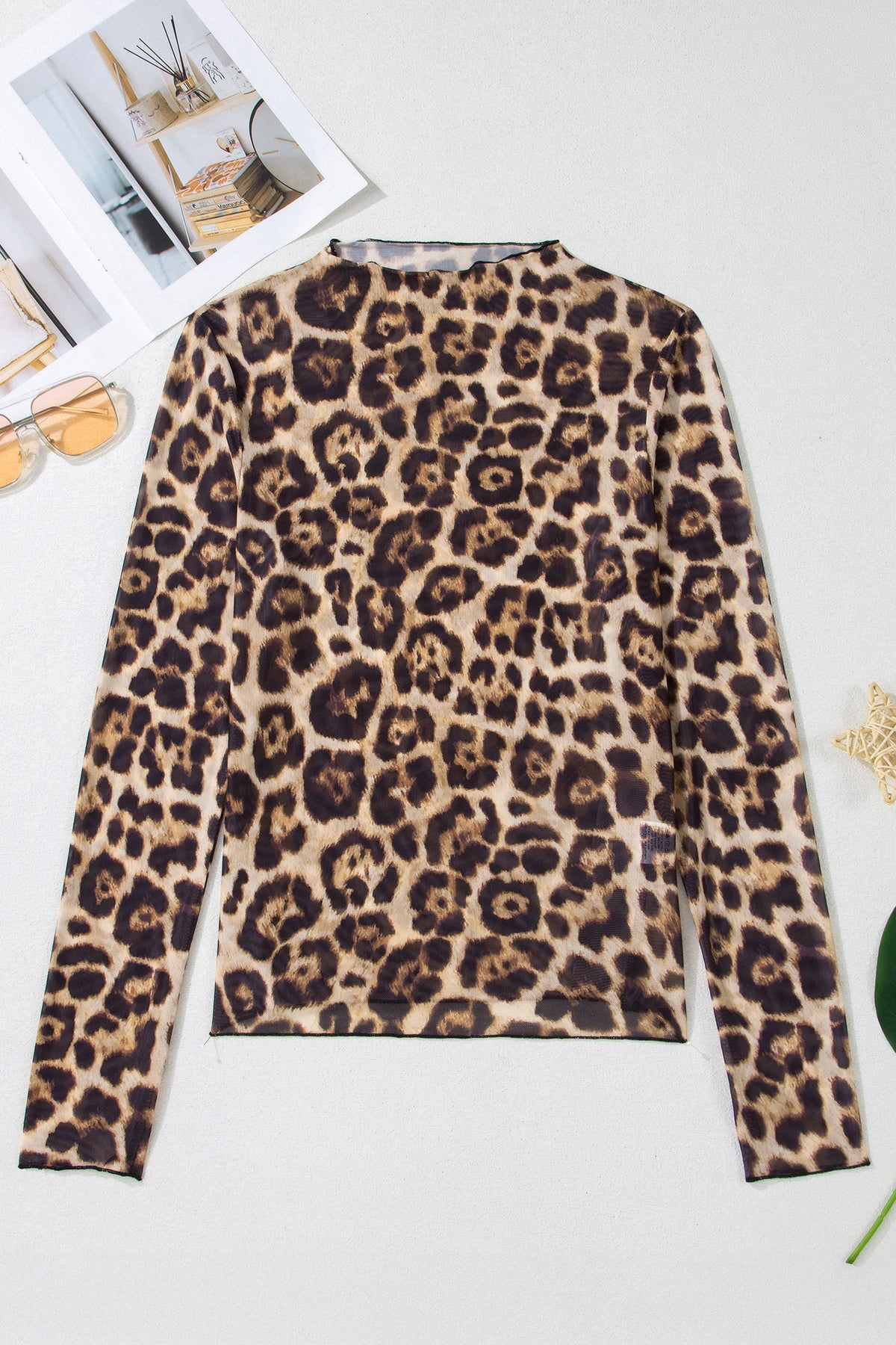 Leopard Mesh Mock Neck Long Sleeve Top