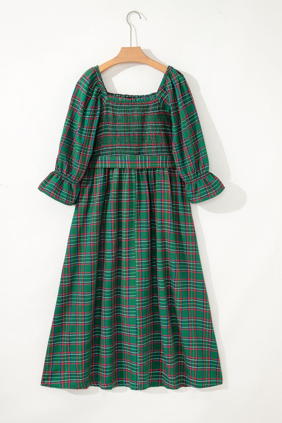 Plaid Square Neck Puff Sleeve Belted Midi Dress