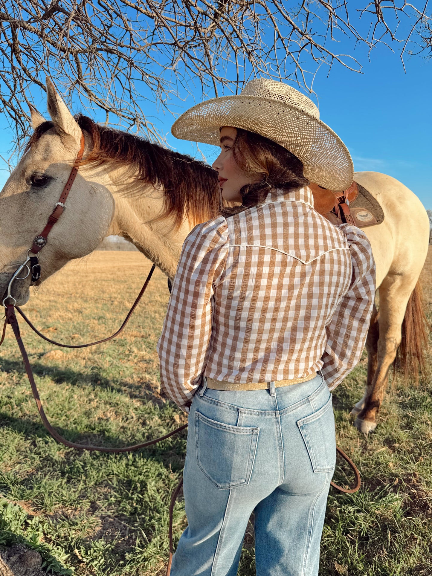 The Tan Gingham Pearl Snap Top-BEST SELLER
