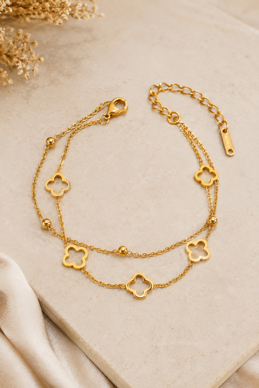 18K Gold Double Chain Clover Charm Bracelet by Josslyn