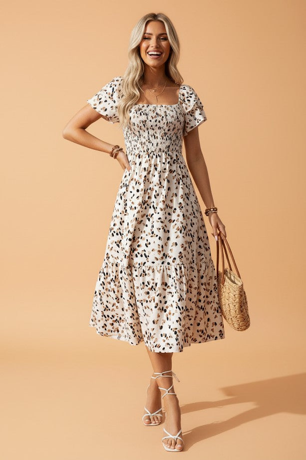 Leopard Smocked Square Neck Ruffle Sleeve Dress