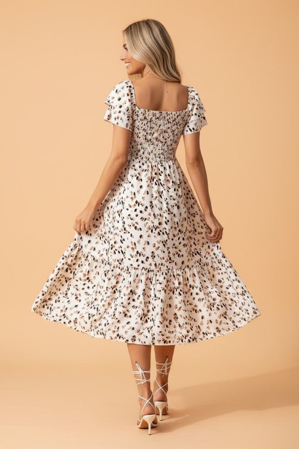 Leopard Smocked Square Neck Ruffle Sleeve Dress
