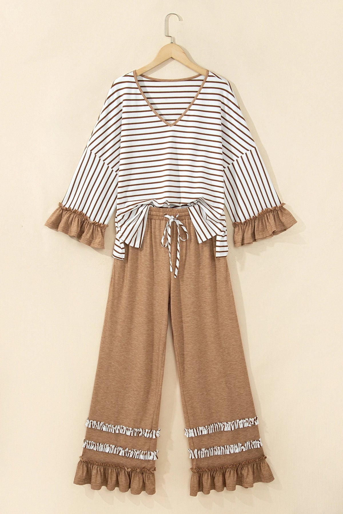 Stripe Ruffle Patchwork V-Neck Top & Pants Set