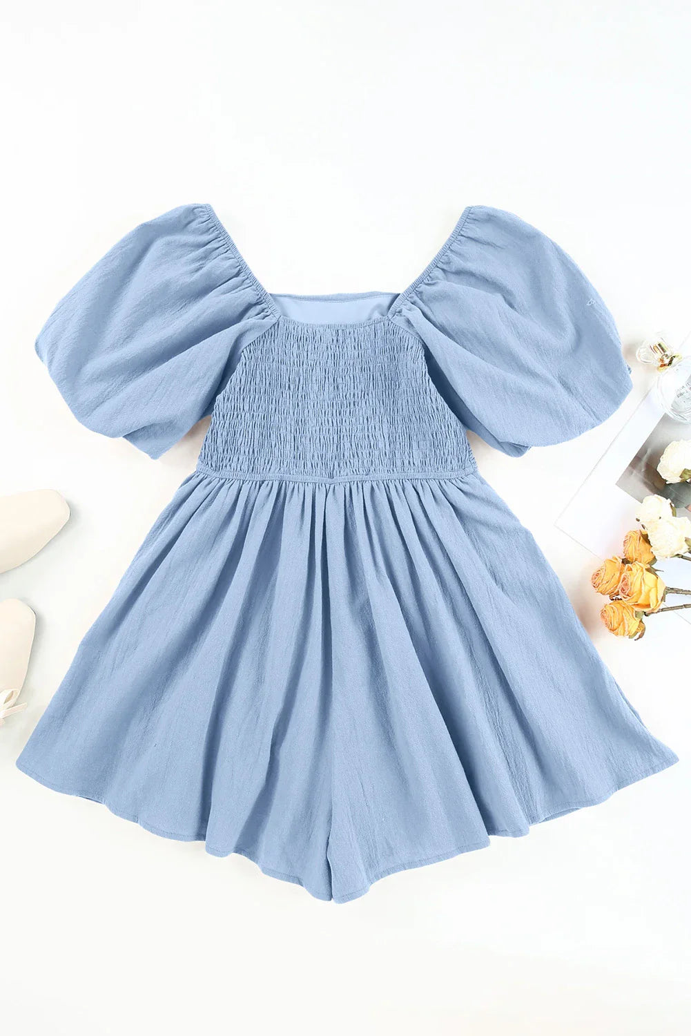 Solid Square Neck Ruched Puff Sleeve Romper