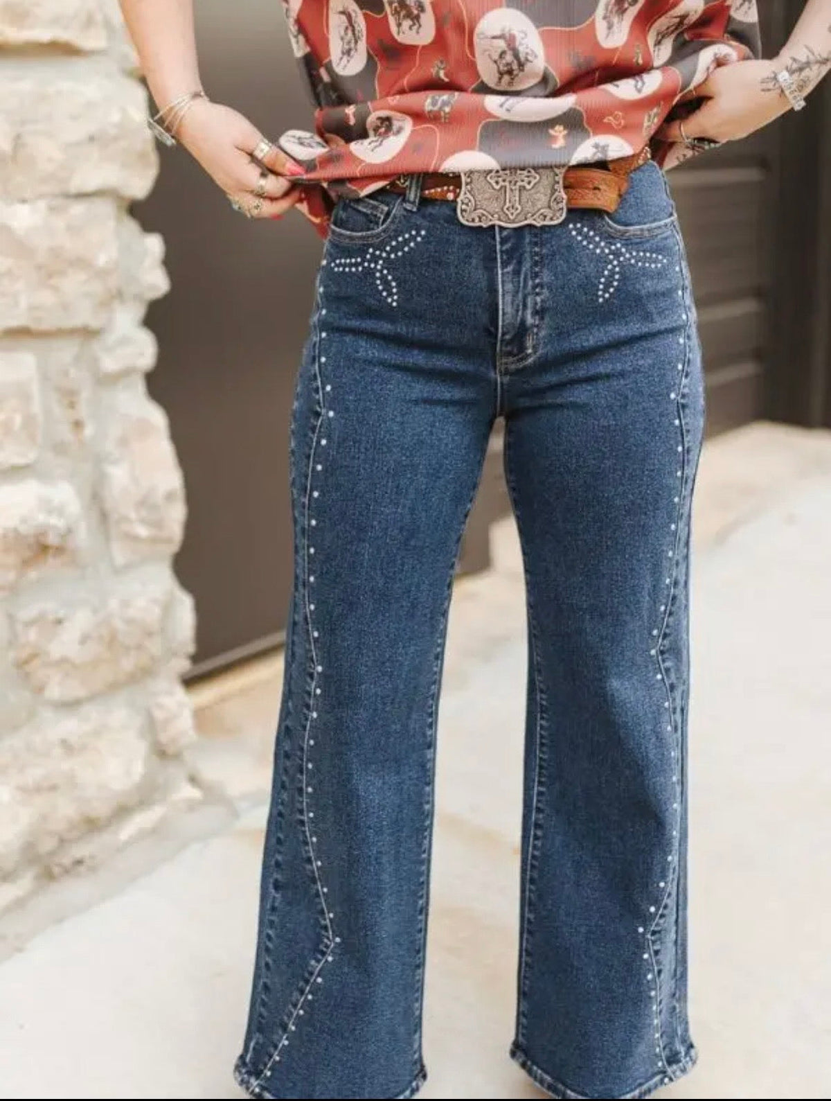 Dark Wash Western Vintage Studded High Rise Wide Leg Jeans