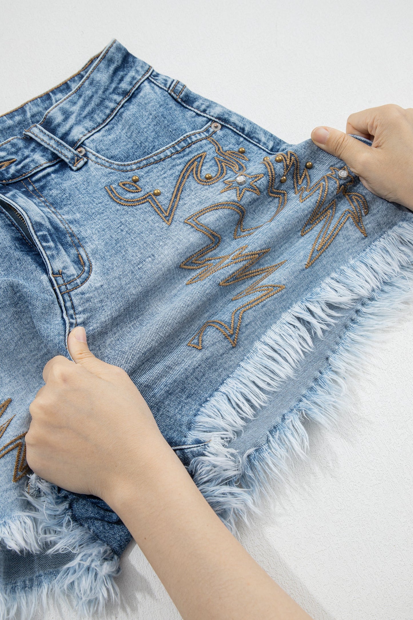Western Embroidered Studded Denim Shorts