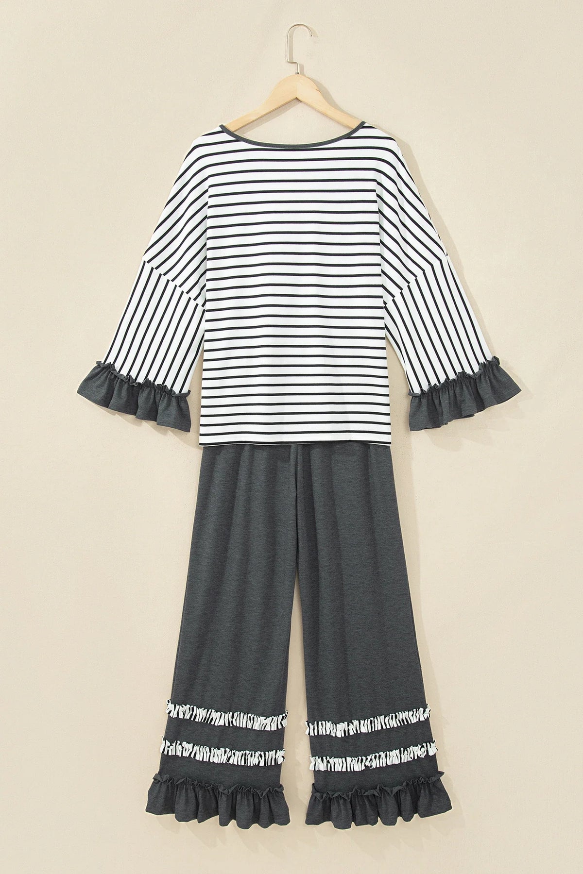 Stripe Ruffle Patchwork V-Neck Top & Pants Set