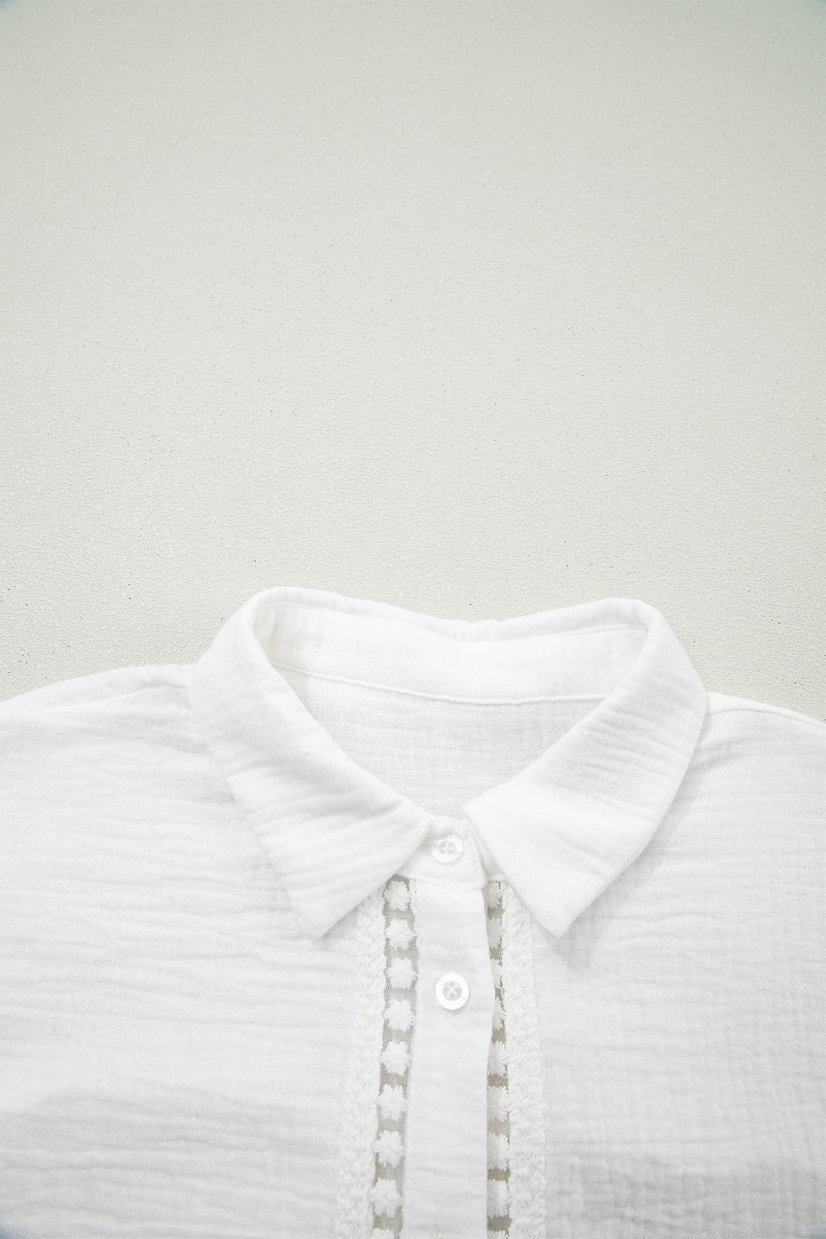 Solid Crinkle Textured Lace Trim Buttoned Shirt