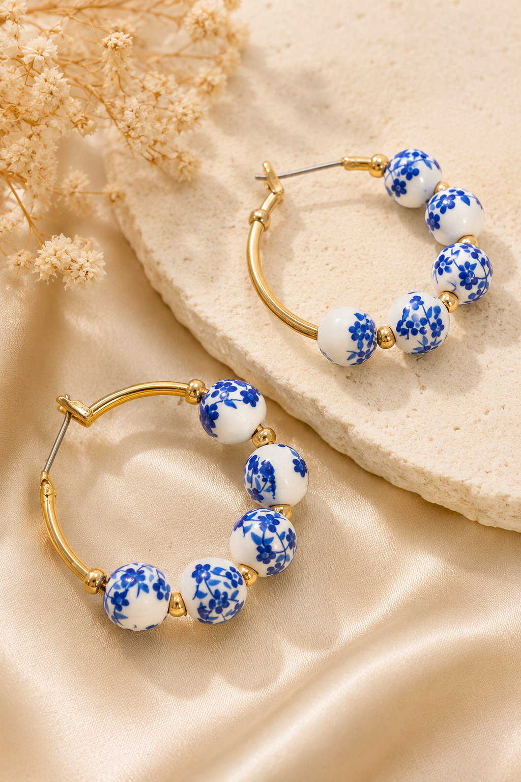 Blue Porcelain Hoop Gold Earrings by Josslyn