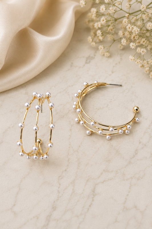 Triple Row Pearl Hoop Earrings - Gold by Josslyn
