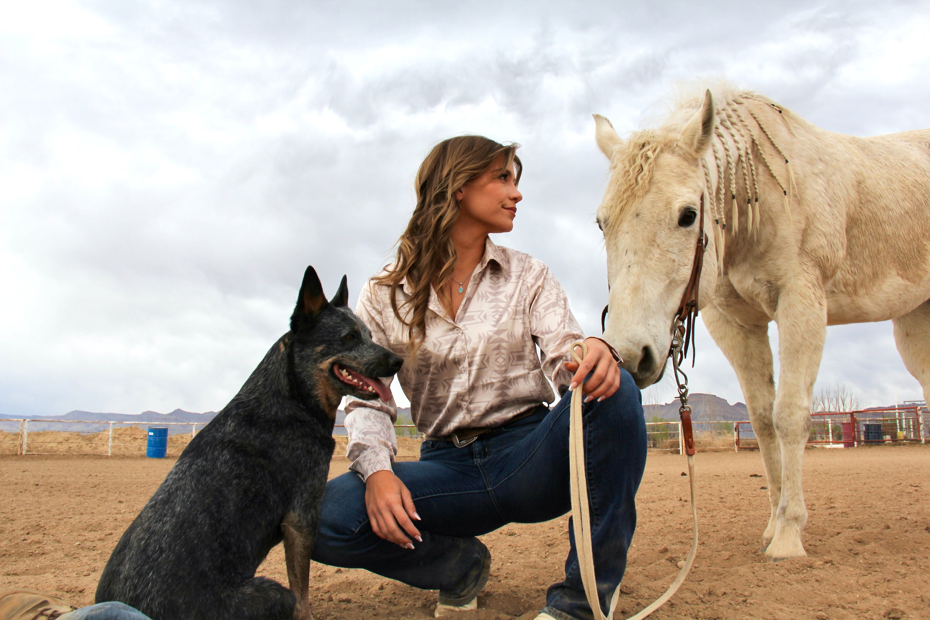 Woman kneeling with a dog and a horse in an outdoor setting