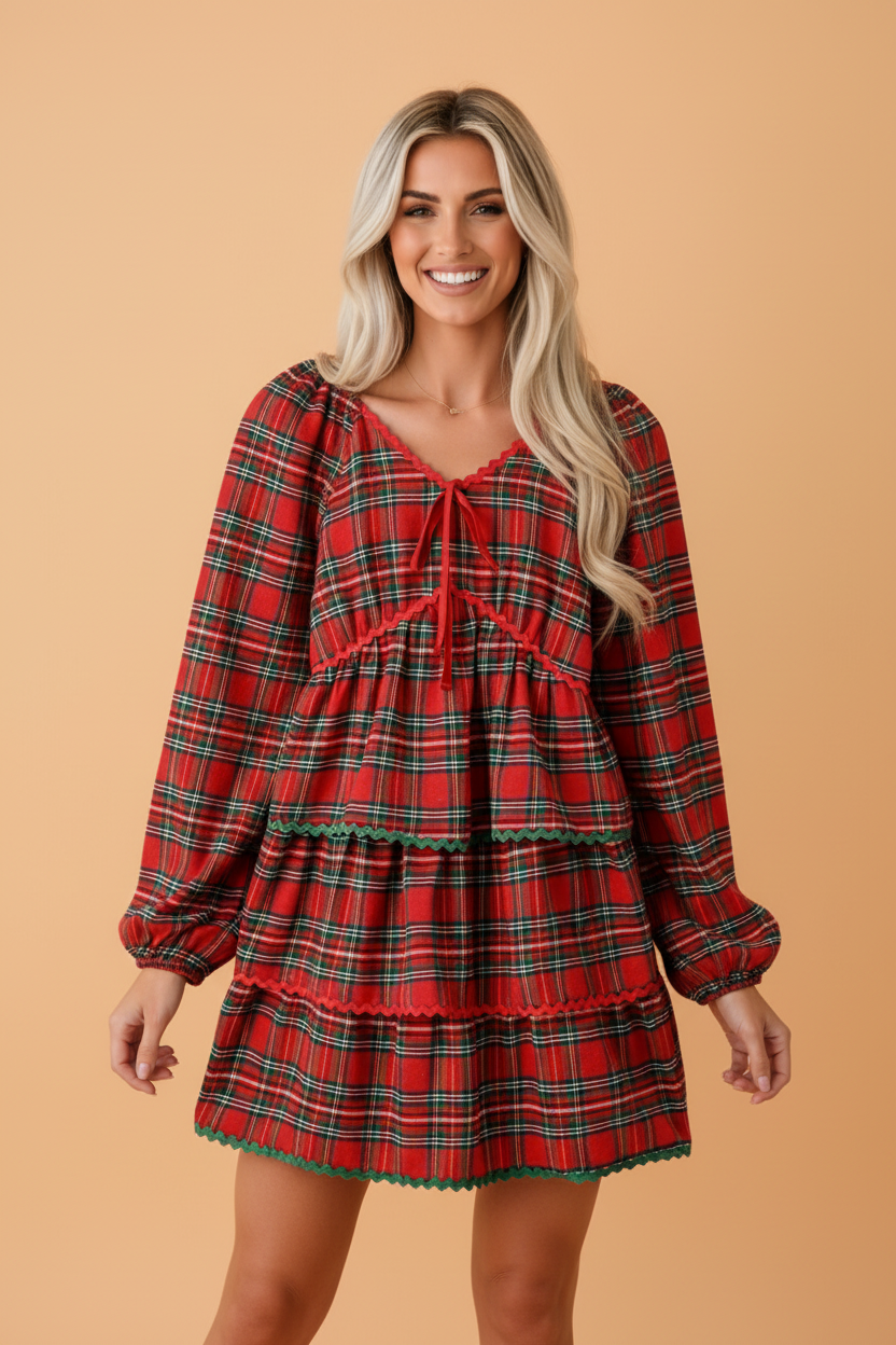 Plaid Ricrac Trim Long Sleeve Tiered Mini Dress