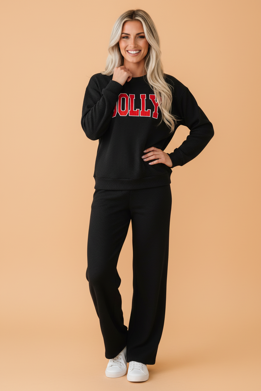 Christmas Letter Print Corded Knit Top & Pants Set