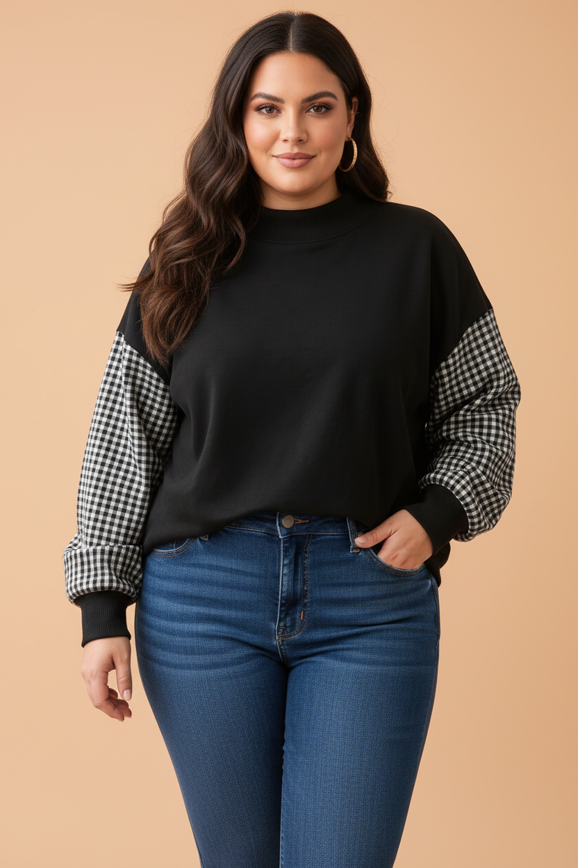 Plus Size Gingham Colorblock Mock Neck Sweatshirt
