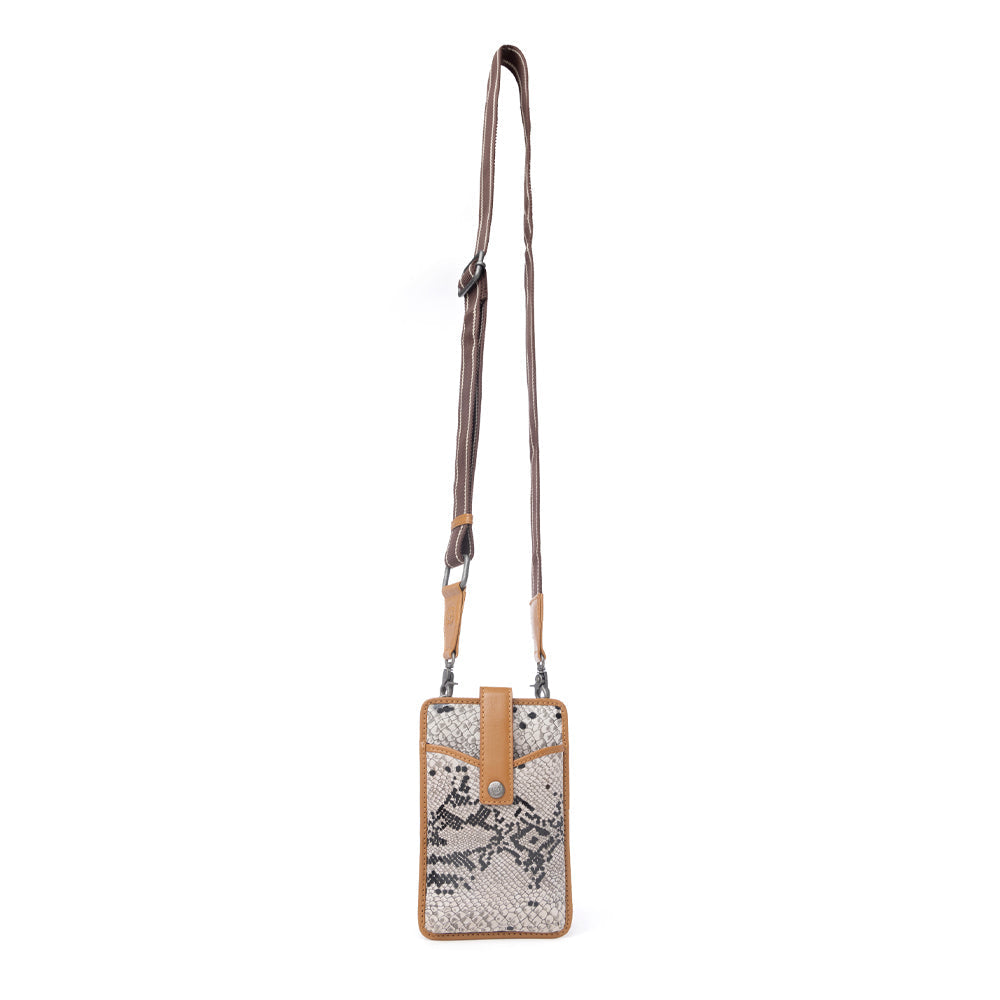Myra Cedar Snake Print Leather Cell Phone Holder in Ebony Cream