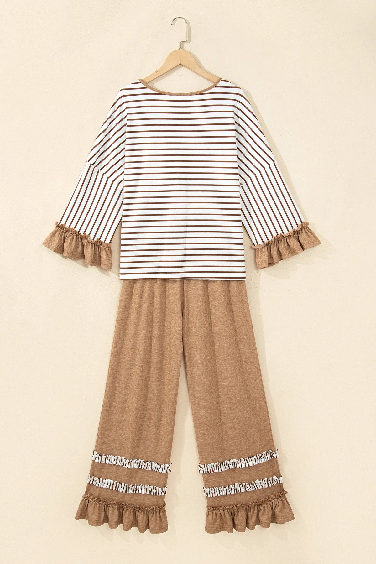 Stripe Ruffle Patchwork V-Neck Top & Pants Set