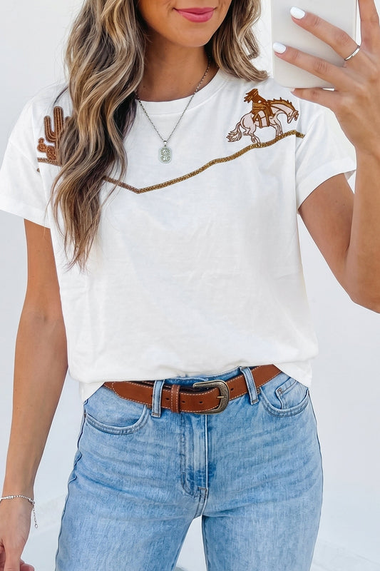 Western Cowboy & Cactus Embroidered Tee