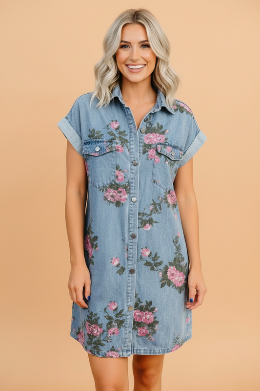 Floral Denim Cuffed Short Sleeve Buttoned Dress