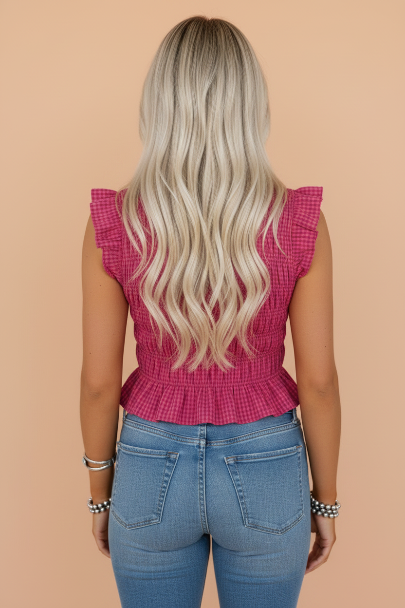 Gingham Plaid Shirred Ruffle Trim Tank Top