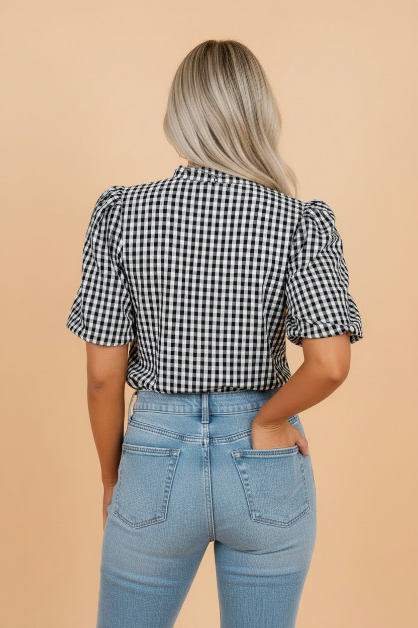 Gingham Plaid Puff Sleeve Frilled Neck Blouse