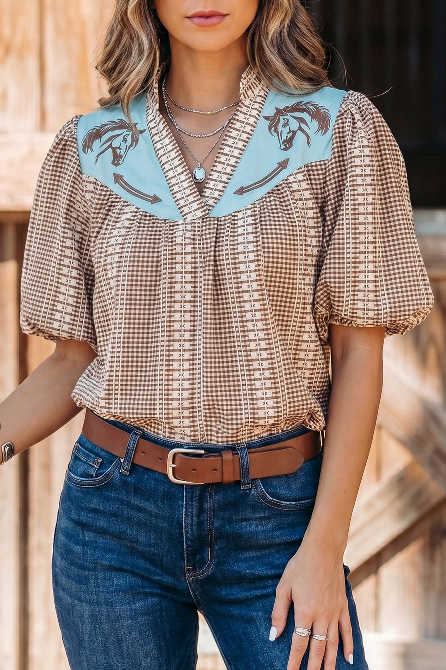 Western Pony Embroidered Gingham Puff Sleeve Blouse