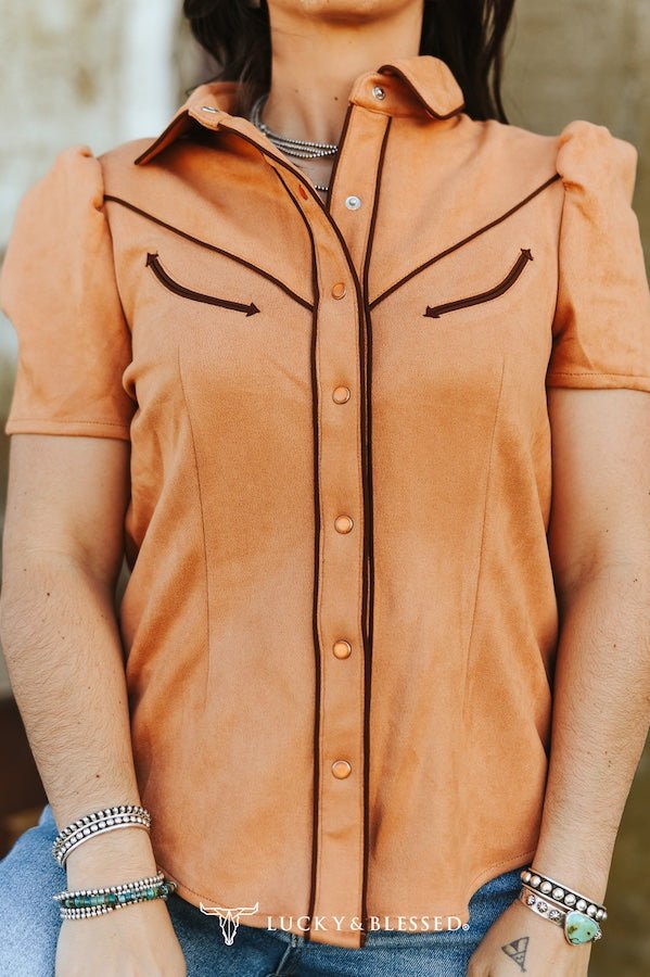 Camel Suede Western Pearl Snap Top – Puff Sleeve Cowgirl Shirt