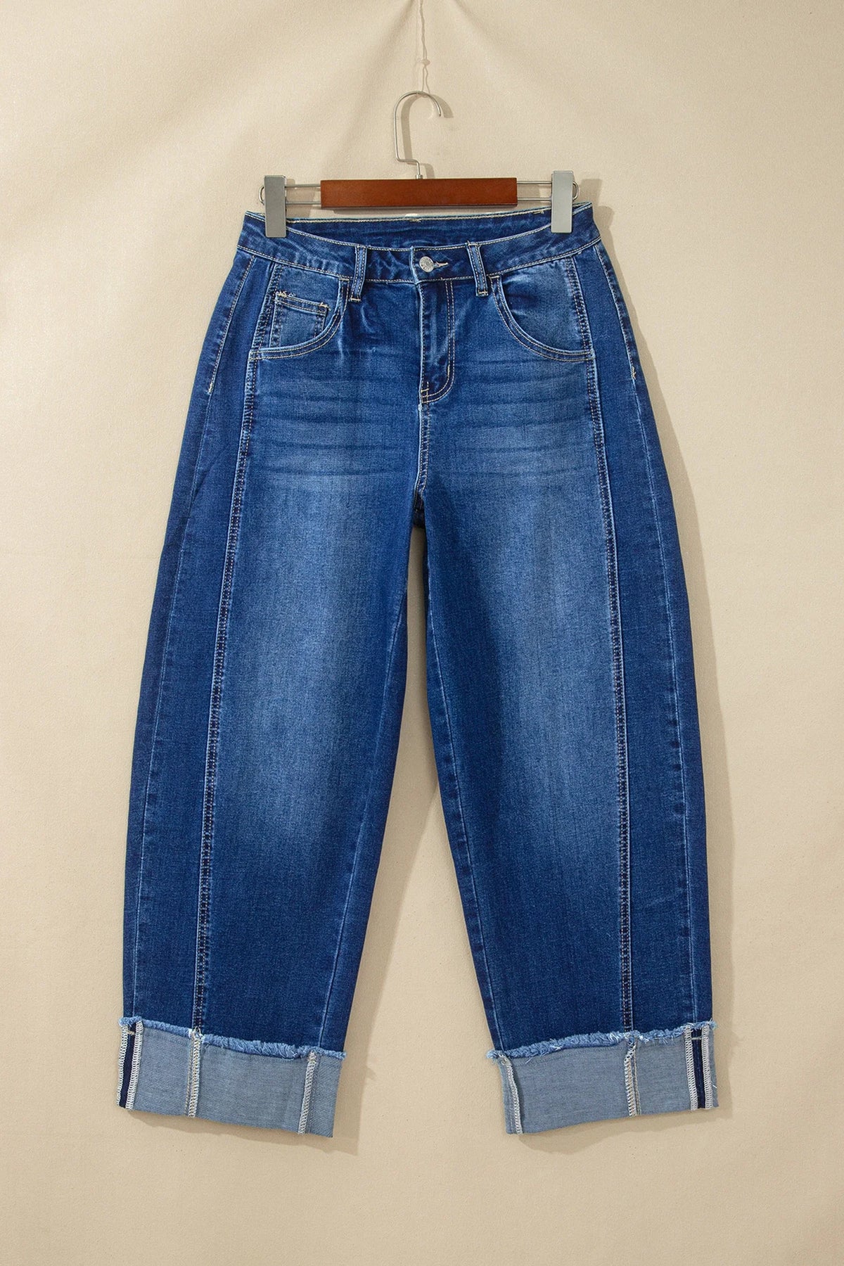 Solid Denim Folded Raw Hem High Waist Jeans