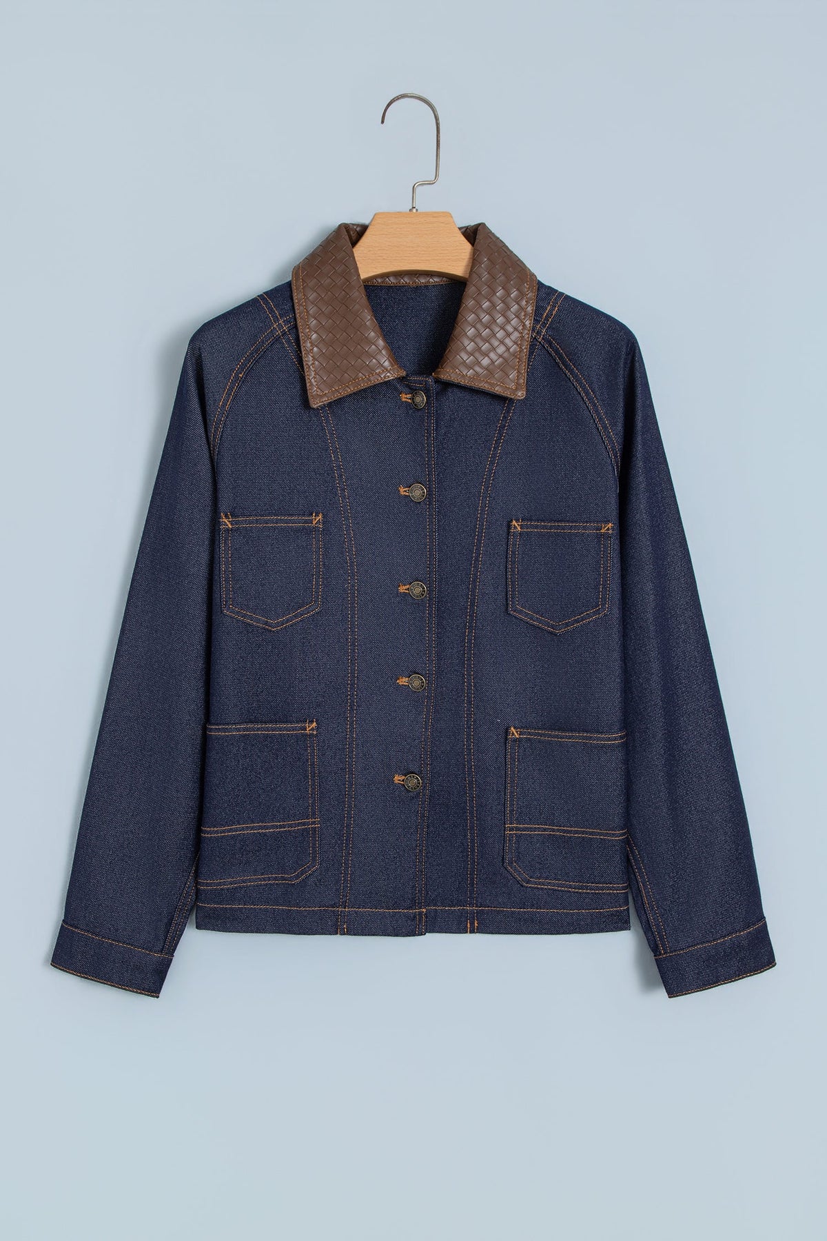 Faux Leather Contrast Collar Buttoned Denim Jacket