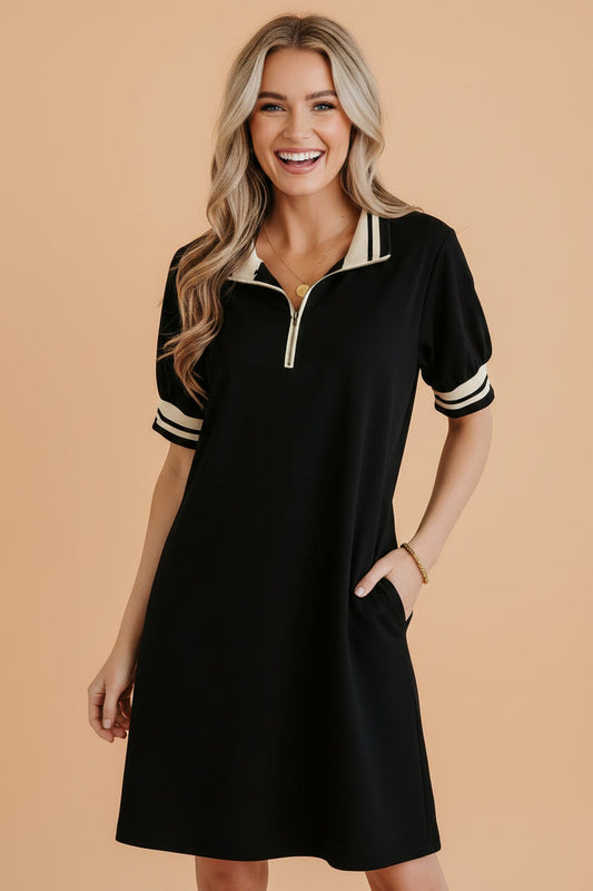Stripe Trim Zipped Polo Collar Tee Dress