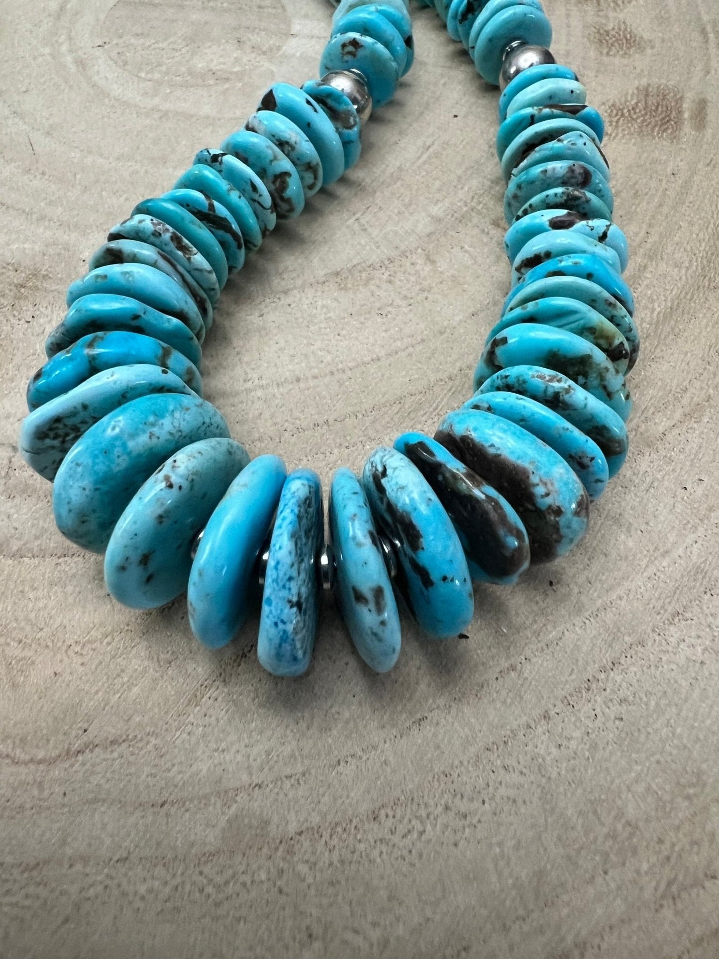 Light Blue Turquoise Graduated Necklace with Sterling Silver Pearls & Hematite – 23 inch