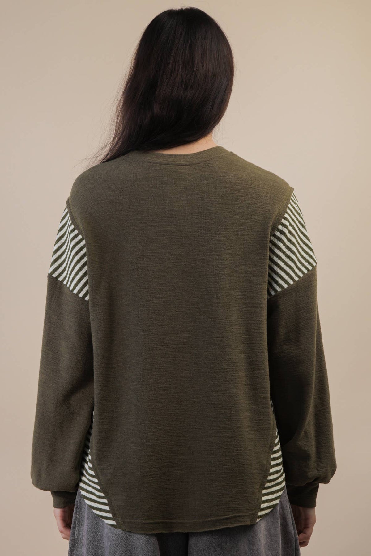 VERY J "Wild West Cowgirls" Western Graphic Knit Top — Oversized Mixed Media (Taupe or Olive)