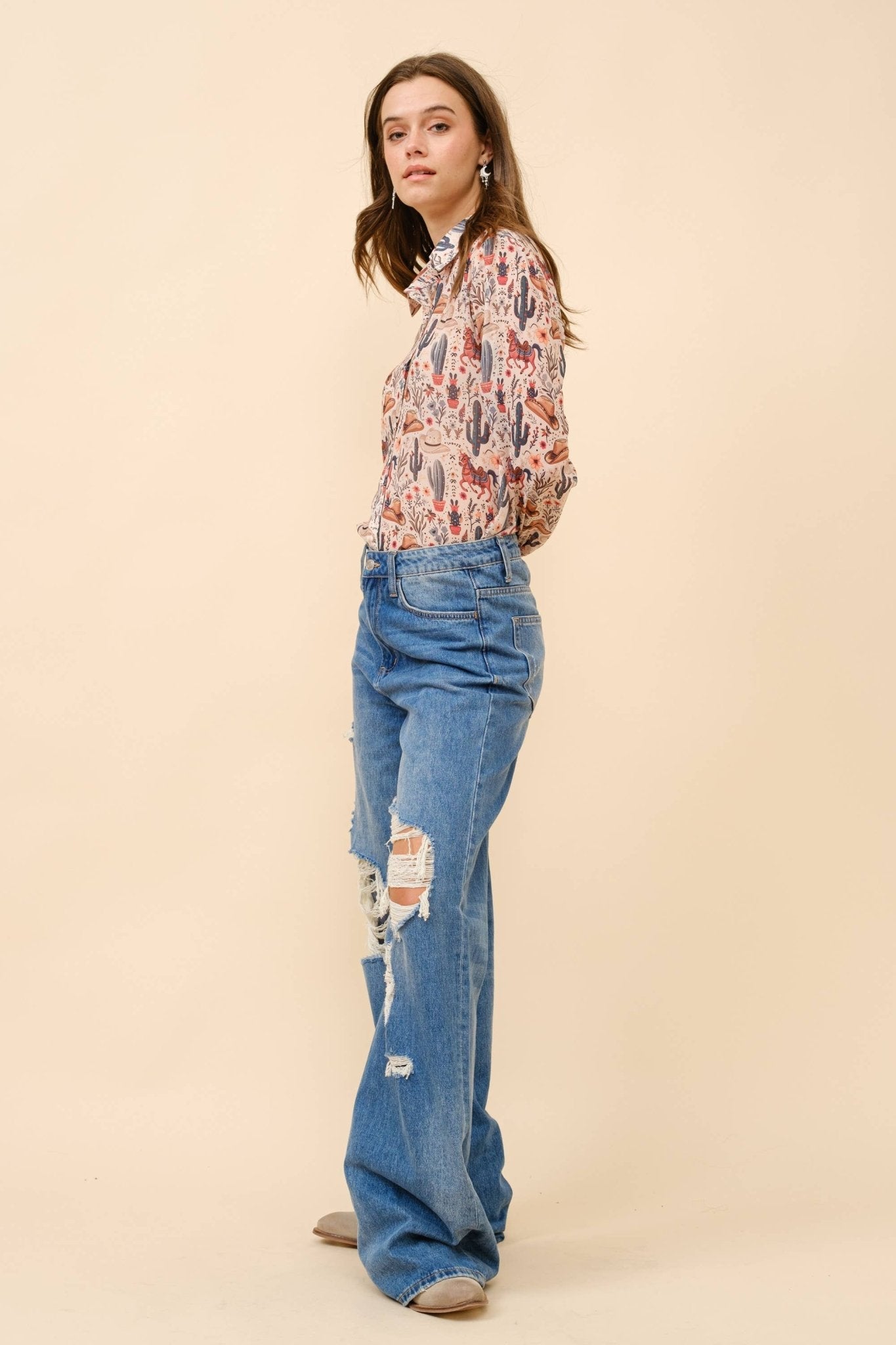 Painted Desert Chiffon Button Up Blouse - small remains