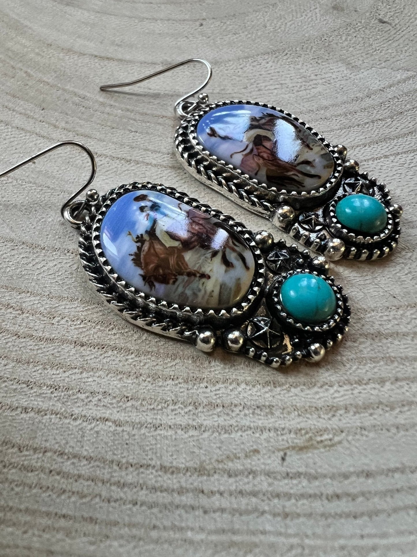 Western Bronc Print Oval and Faux Turquoise Earrings