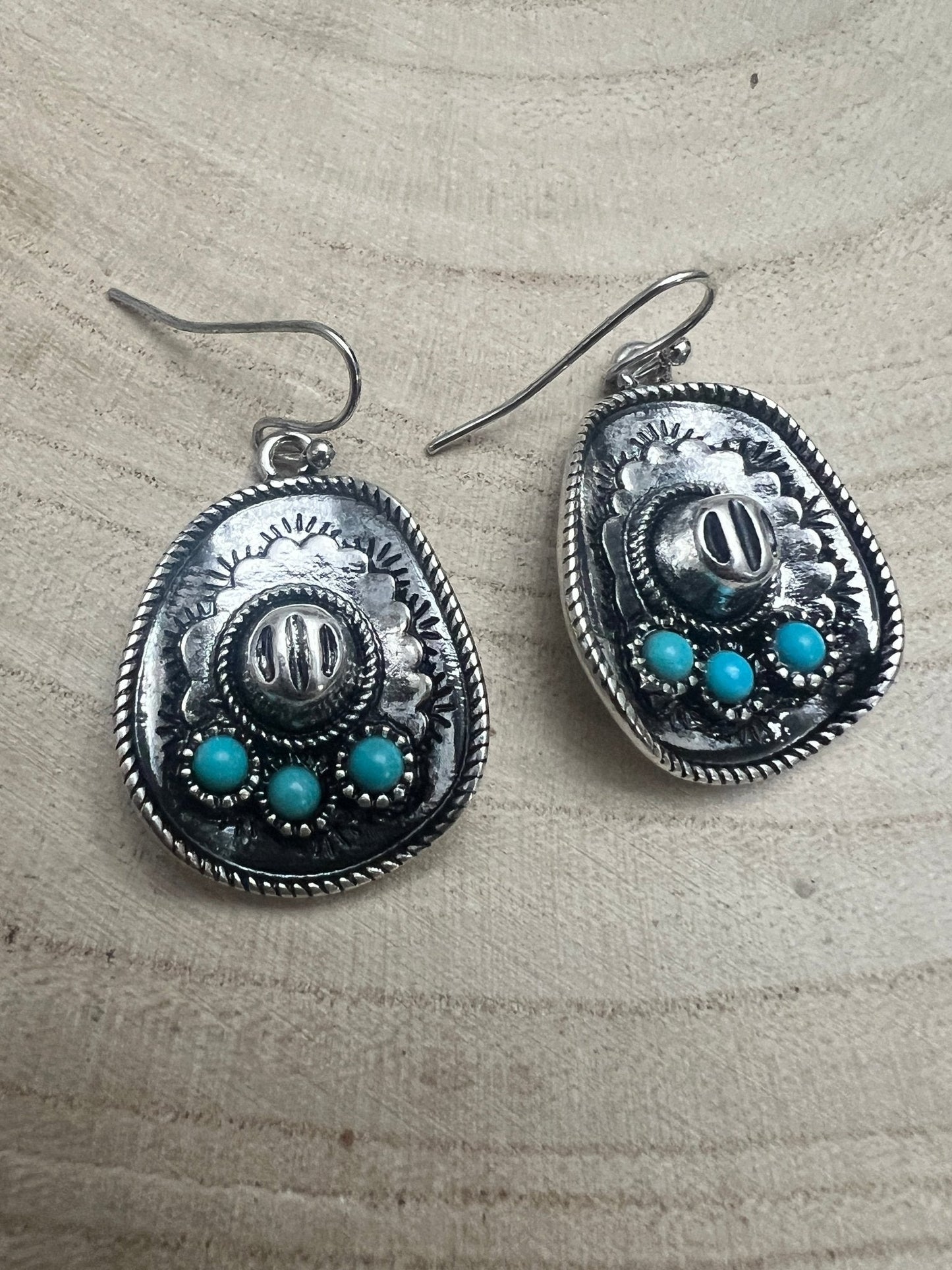 Western Cowboy Hat Dangle Earrings with Faux Turquoise Accents
