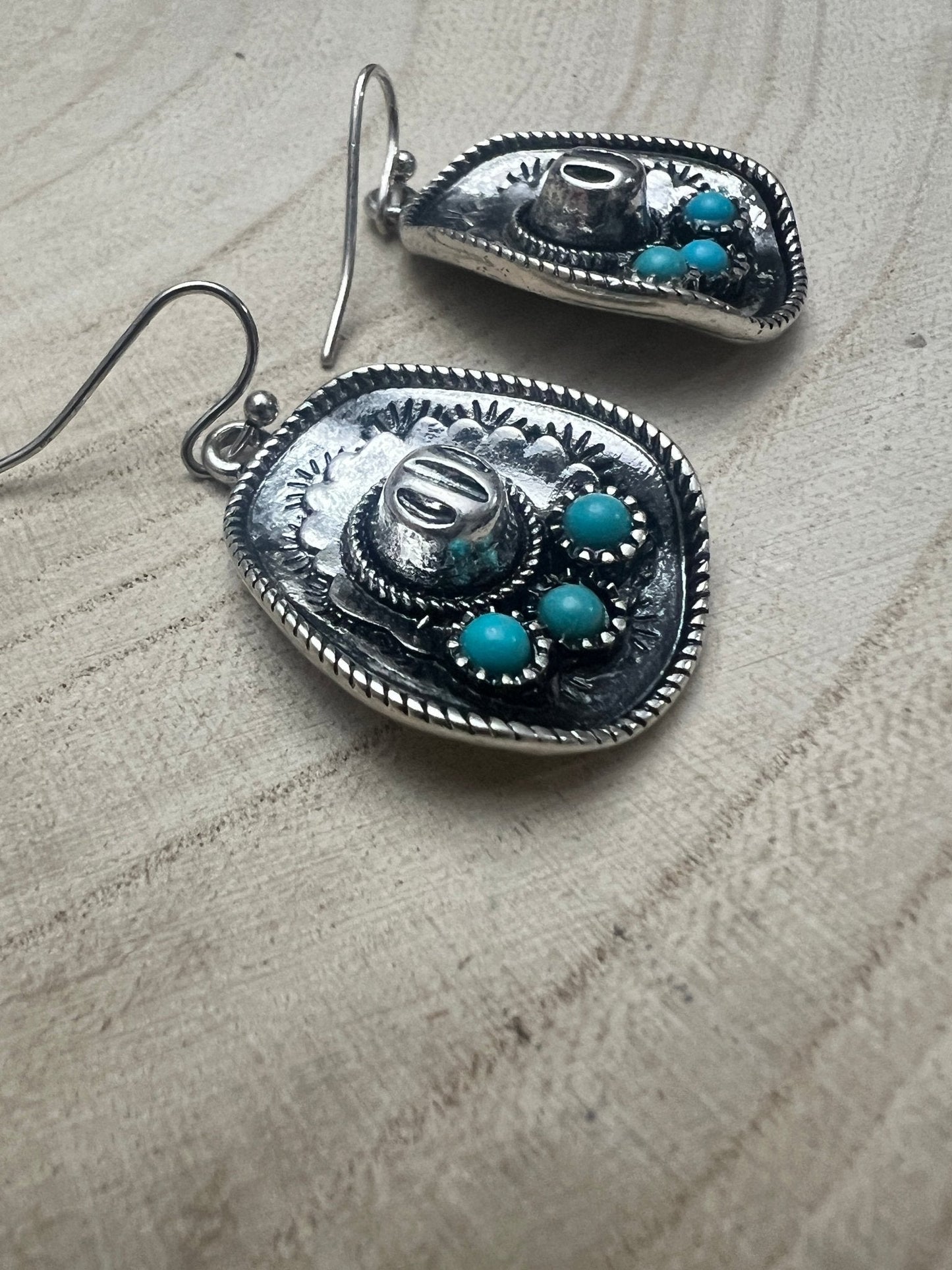 Western Cowboy Hat Dangle Earrings with Faux Turquoise Accents